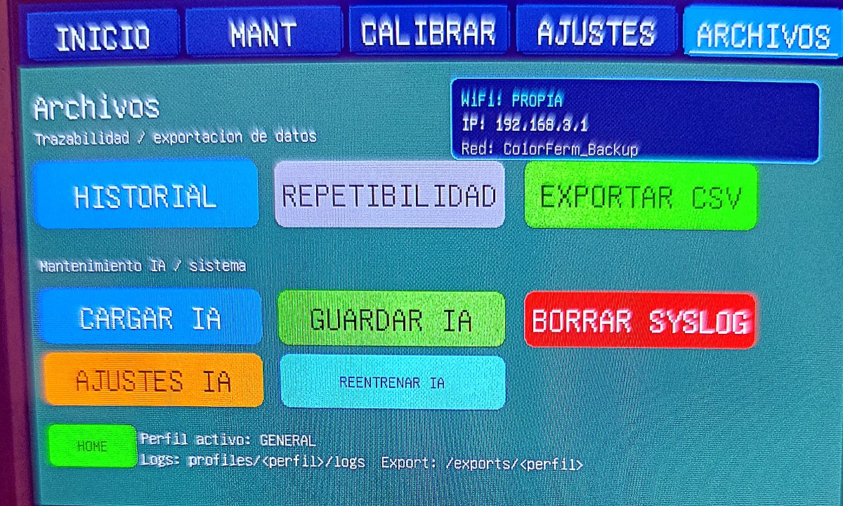 Pantalla de archivos, exportación CSV y mantenimiento IA