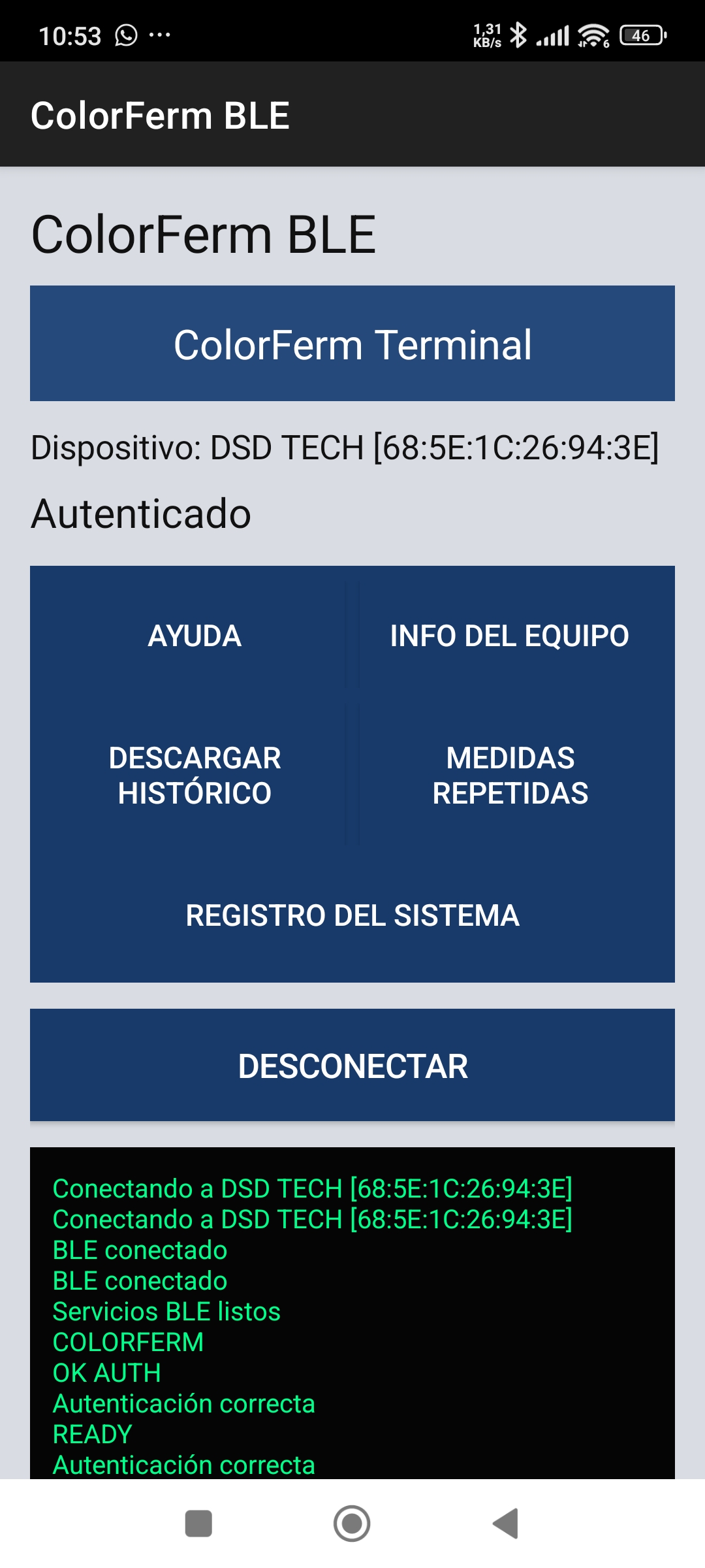 Captura de la app ColorFerm BLE
